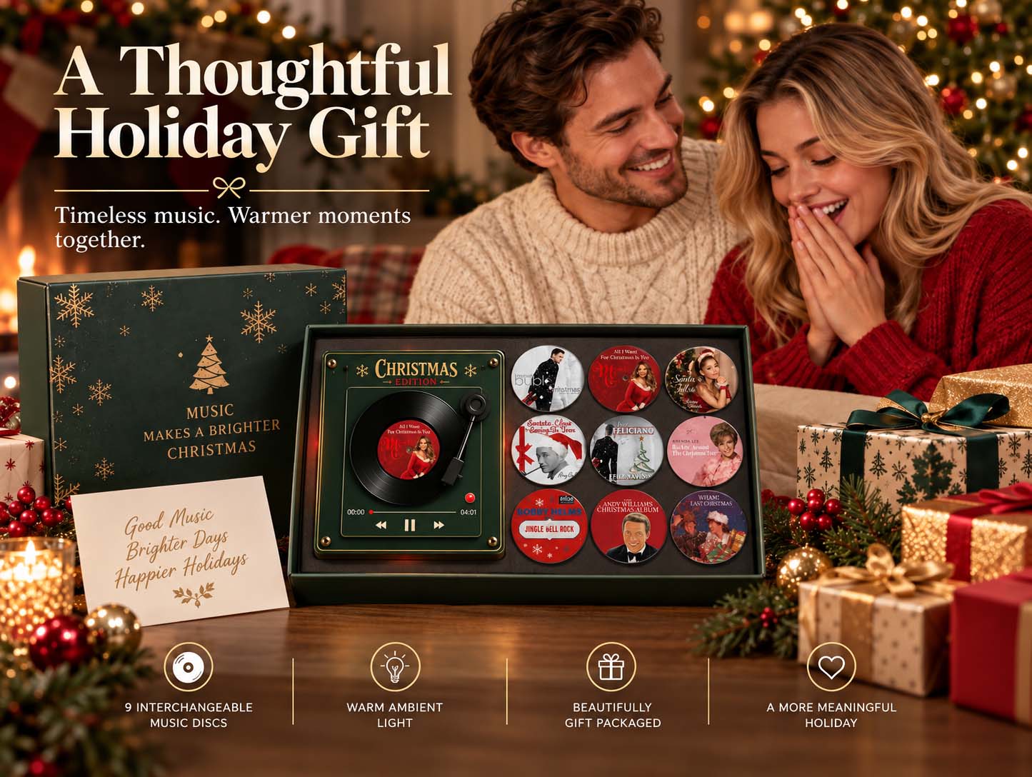 Gift-boxed Christmas mini record player and holiday disc collection