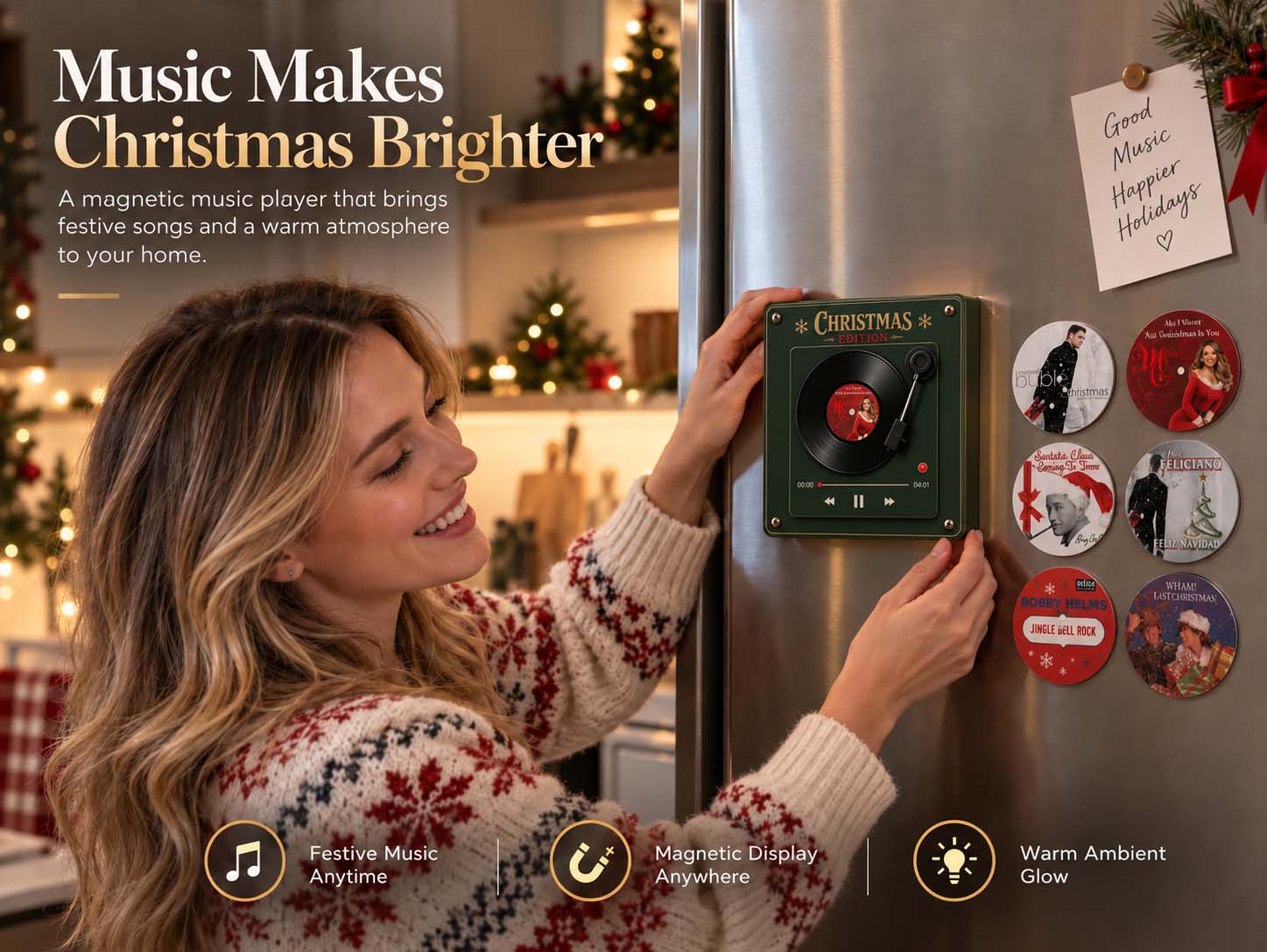 Christmas music player mounted securely on a refrigerator