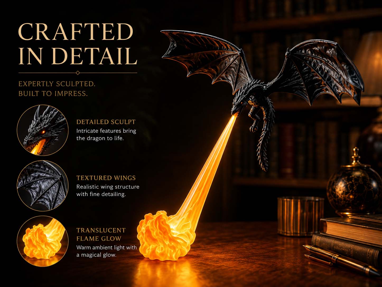 Orange dragon flame LED lamp with sculpted details