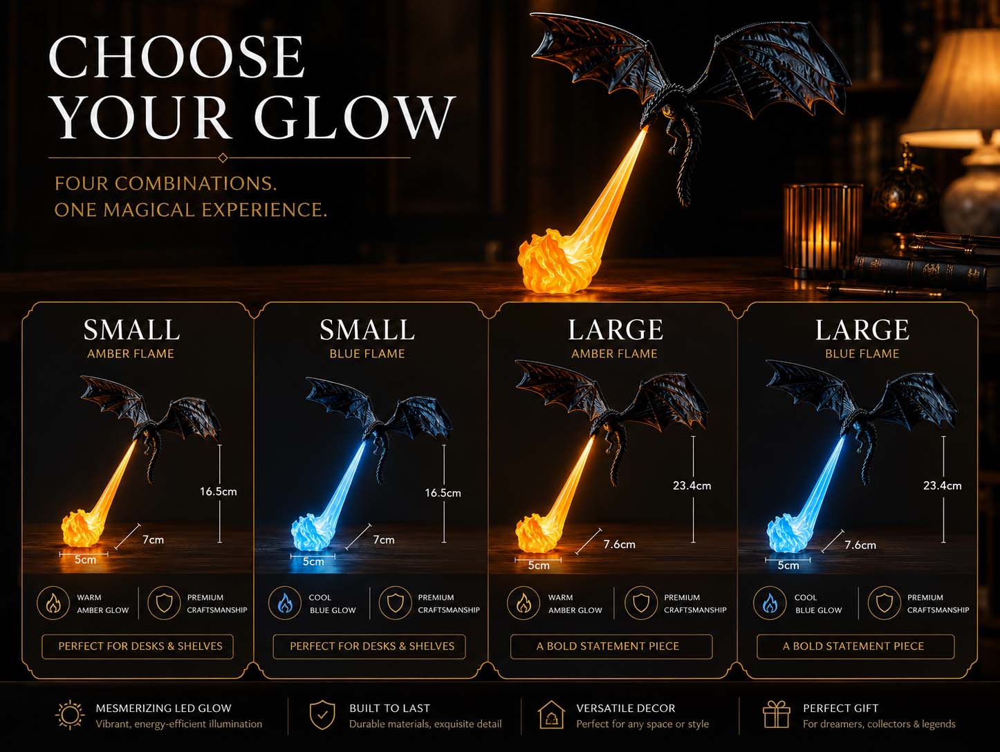 Four dragon lamp size and flame combinations